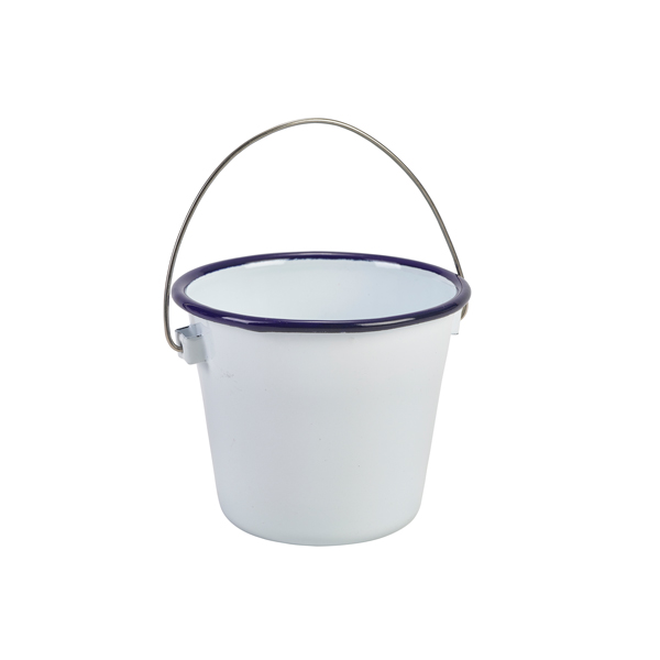 10cm Enamel Bucket White W/Blue Rim